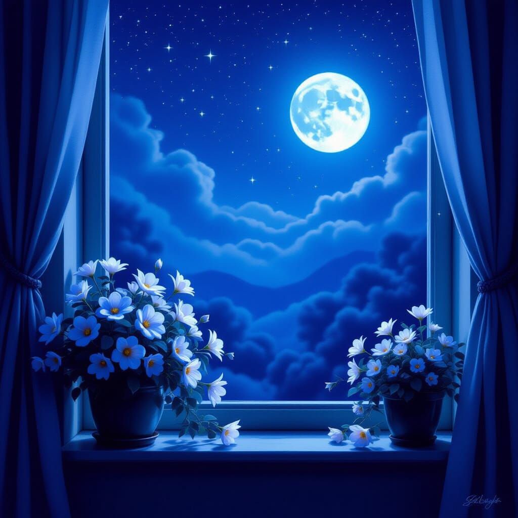 Dreamy Night Window View with Moon and Stars