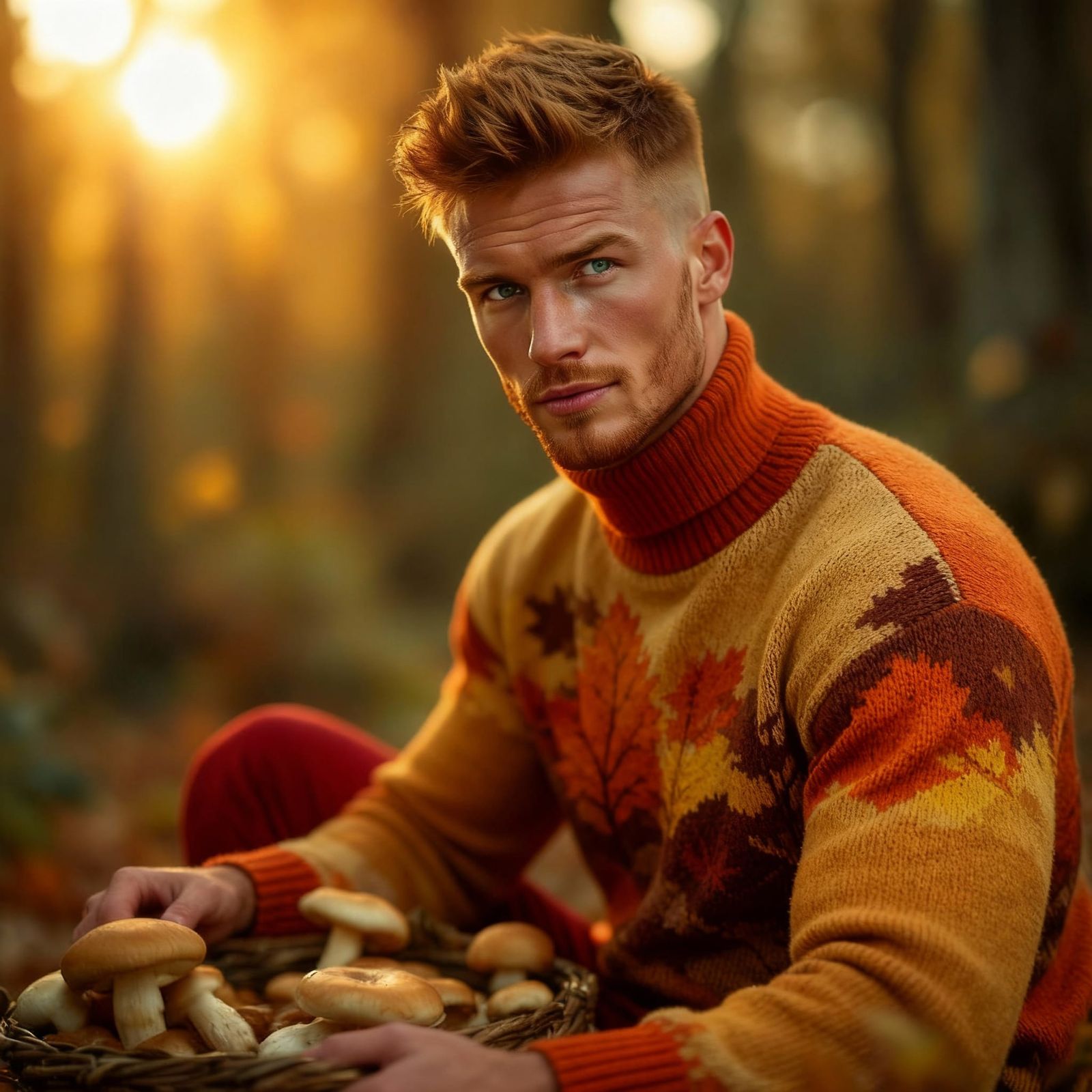 Muscular Man in Red Latex in Autumn Forest