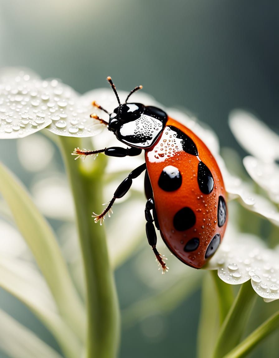 Vibrant Ladybug Perched on Finger, Gazing at White Flower