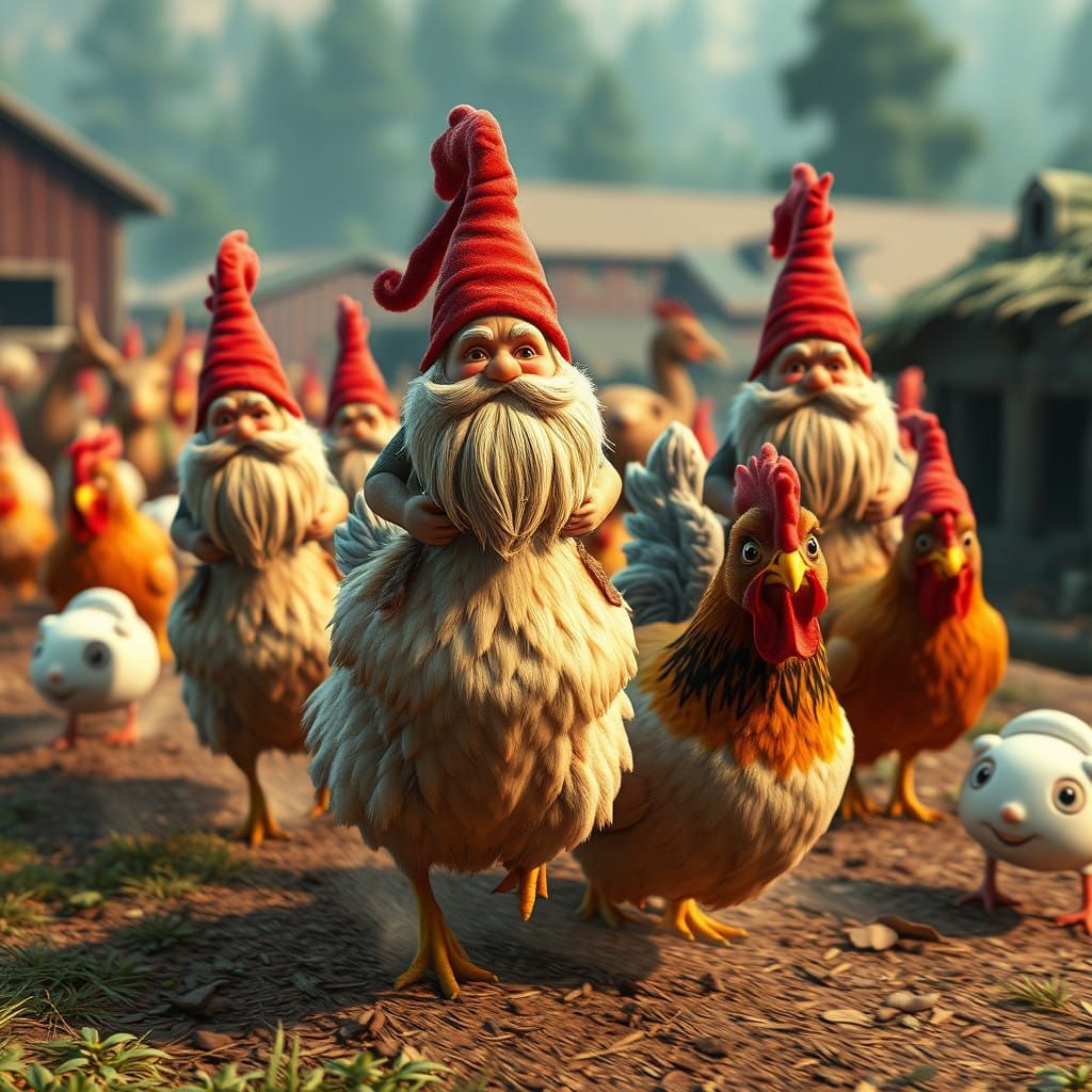 Fantastical Farm Scene with Gnomes and Chickens in a Whimsic...