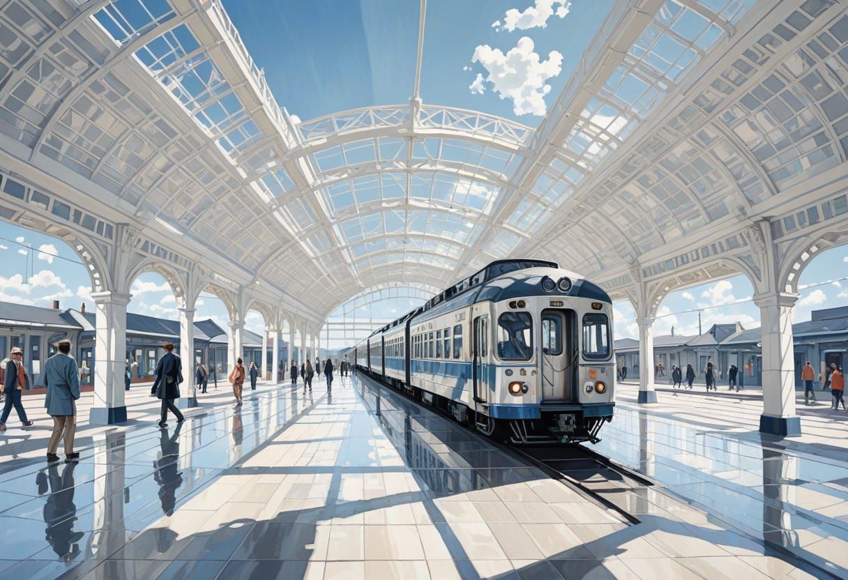 Retro Train Station with Travelers and Shadows in Optical Ar...