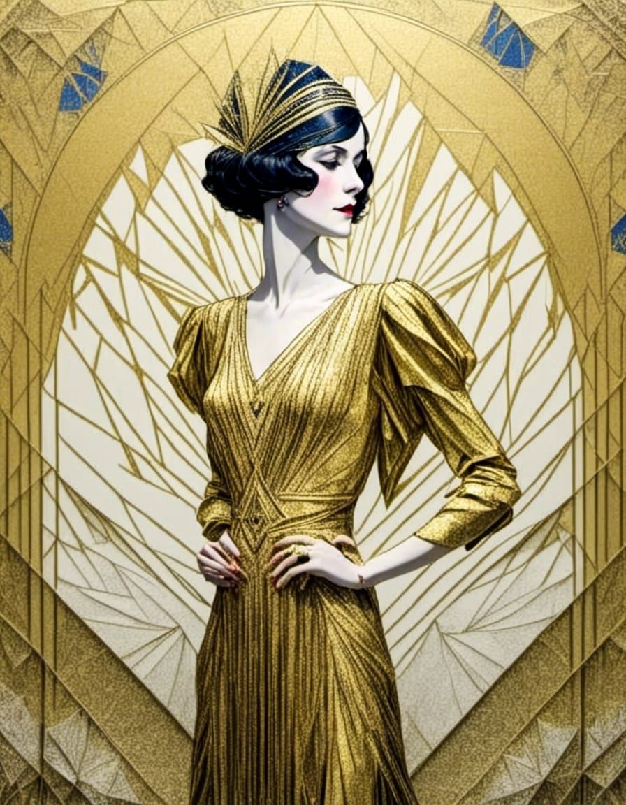 Glamorous 1930s Woman in Gold Dress, Art Deco Style