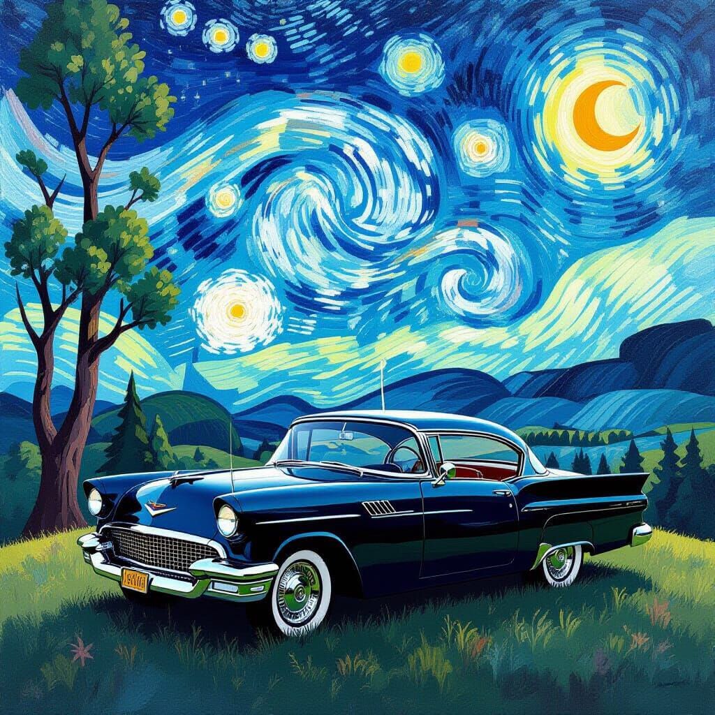 Obsidian Starlight Car in Dreamlike Valley Painting