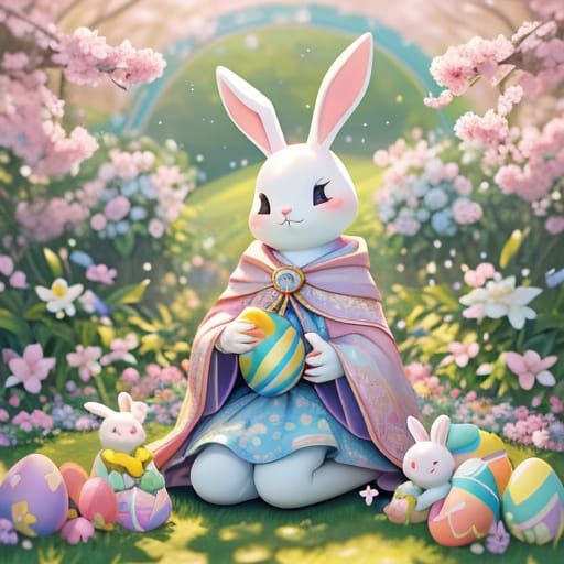Whimsical Easter Bunny Hides Eggs in a Blooming Garden