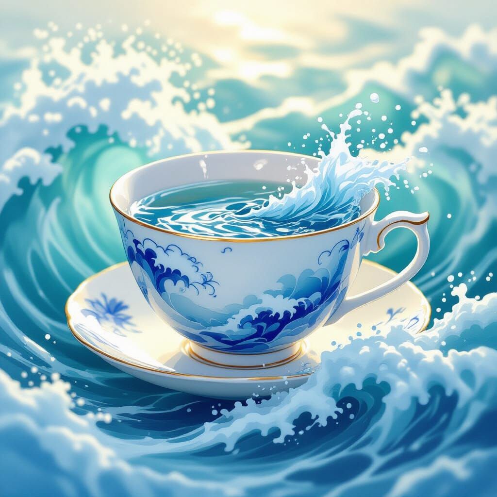 Turbulent Ocean in Teacup: Whimsical Art