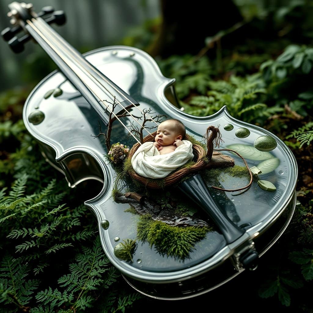 Rain-Sculpted Violin with Sleeping Baby in Forest