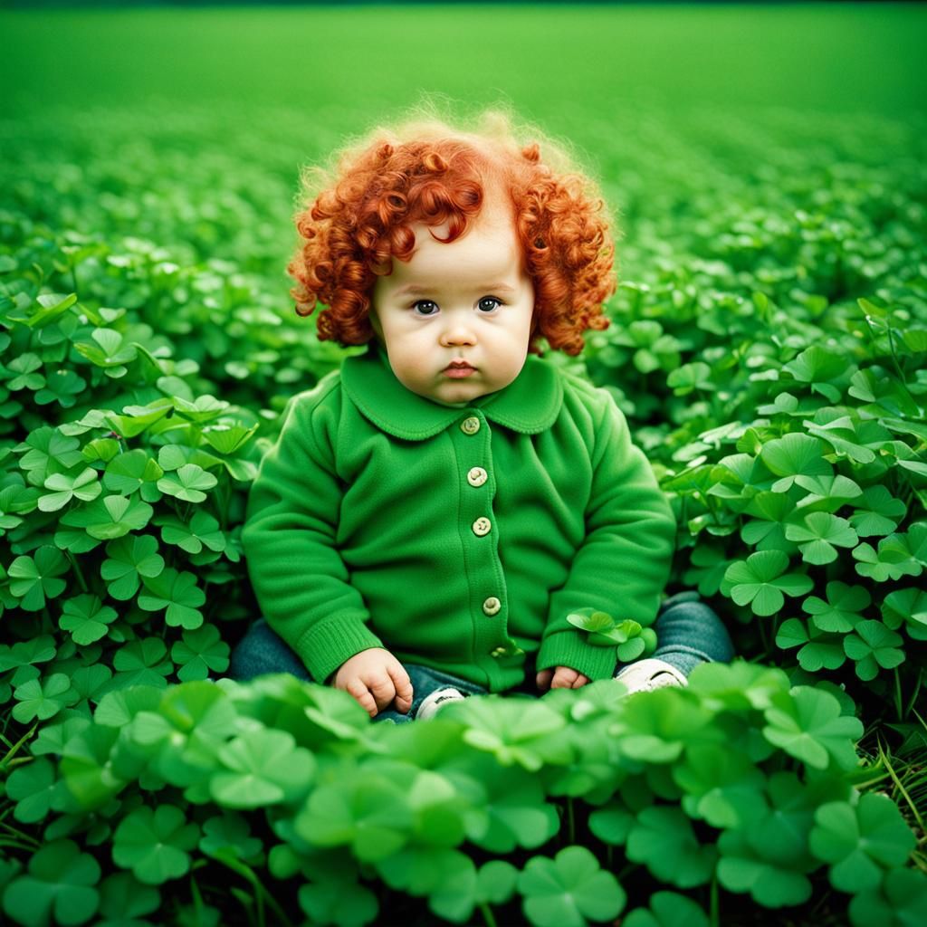 Intricate Toddler in Field of Four Leaf Clovers