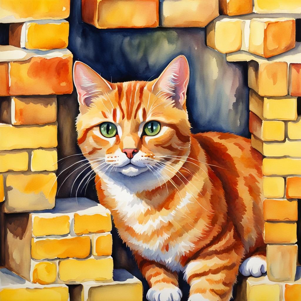 Watercolor Marmalade Cat on Yellow Bricks