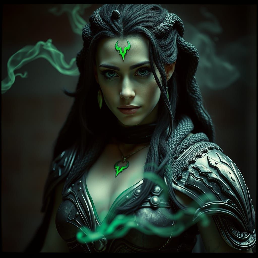 Serpent-Haired Sorceress in Serpentine Armor