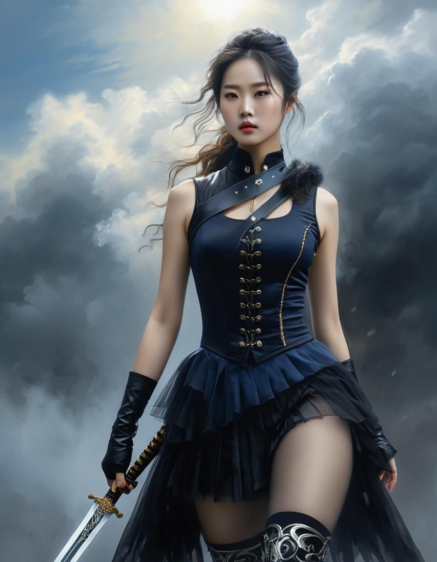 Korean Woman with Sword in Oil Painting
