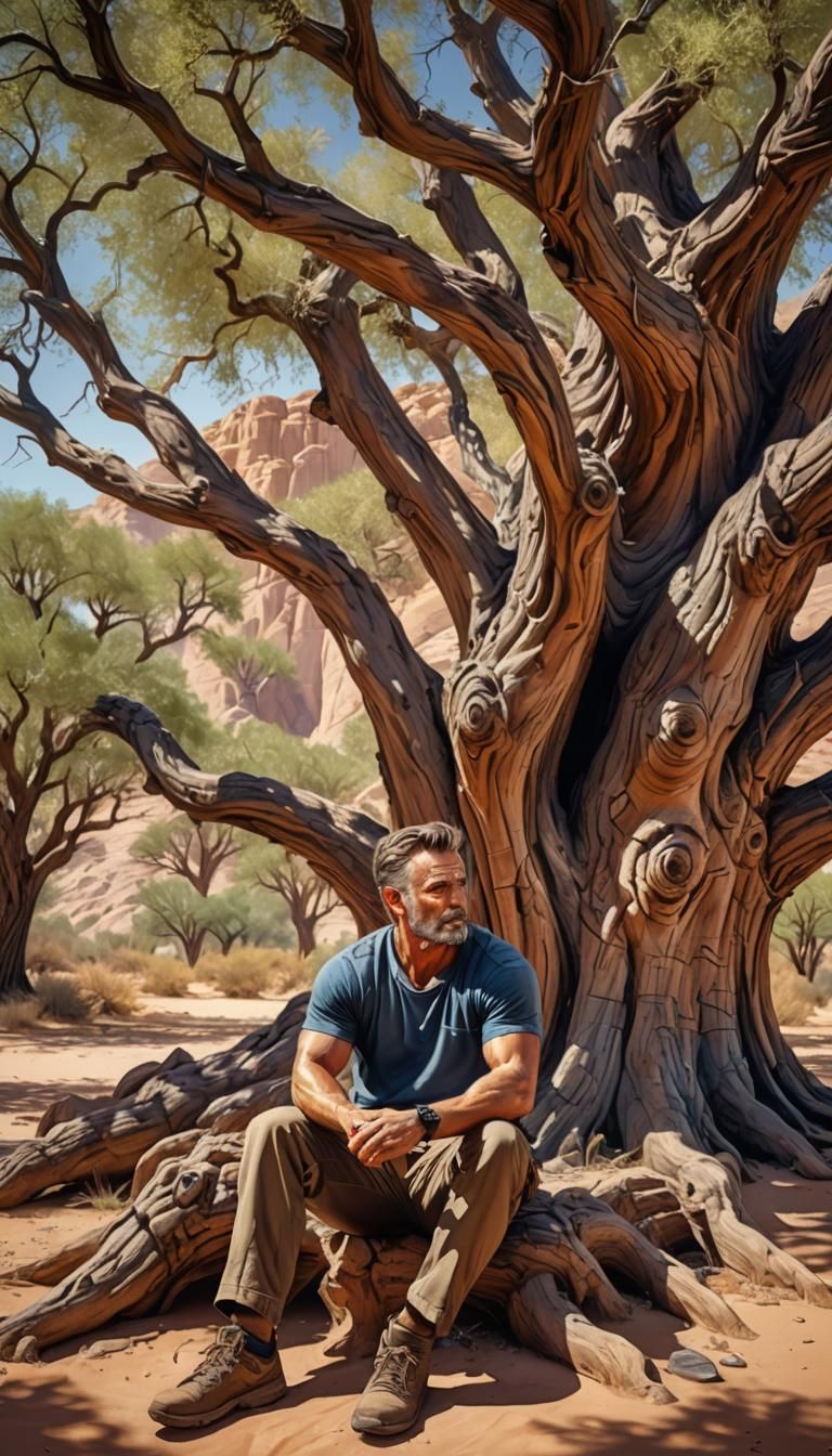 Weary Traveler Resting Under Desert Tree