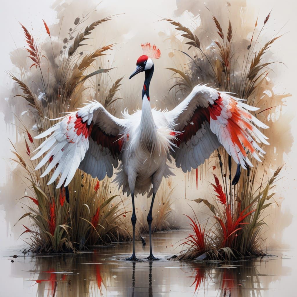 Elegant Red-Crowned Crane in Watercolour