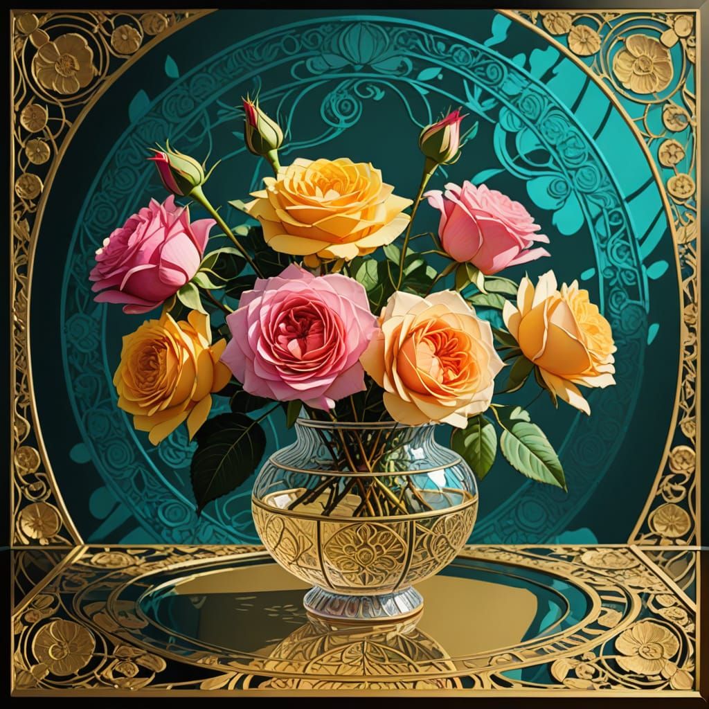 Fresh Roses in Etched Glass Vase: Pop Art Style
