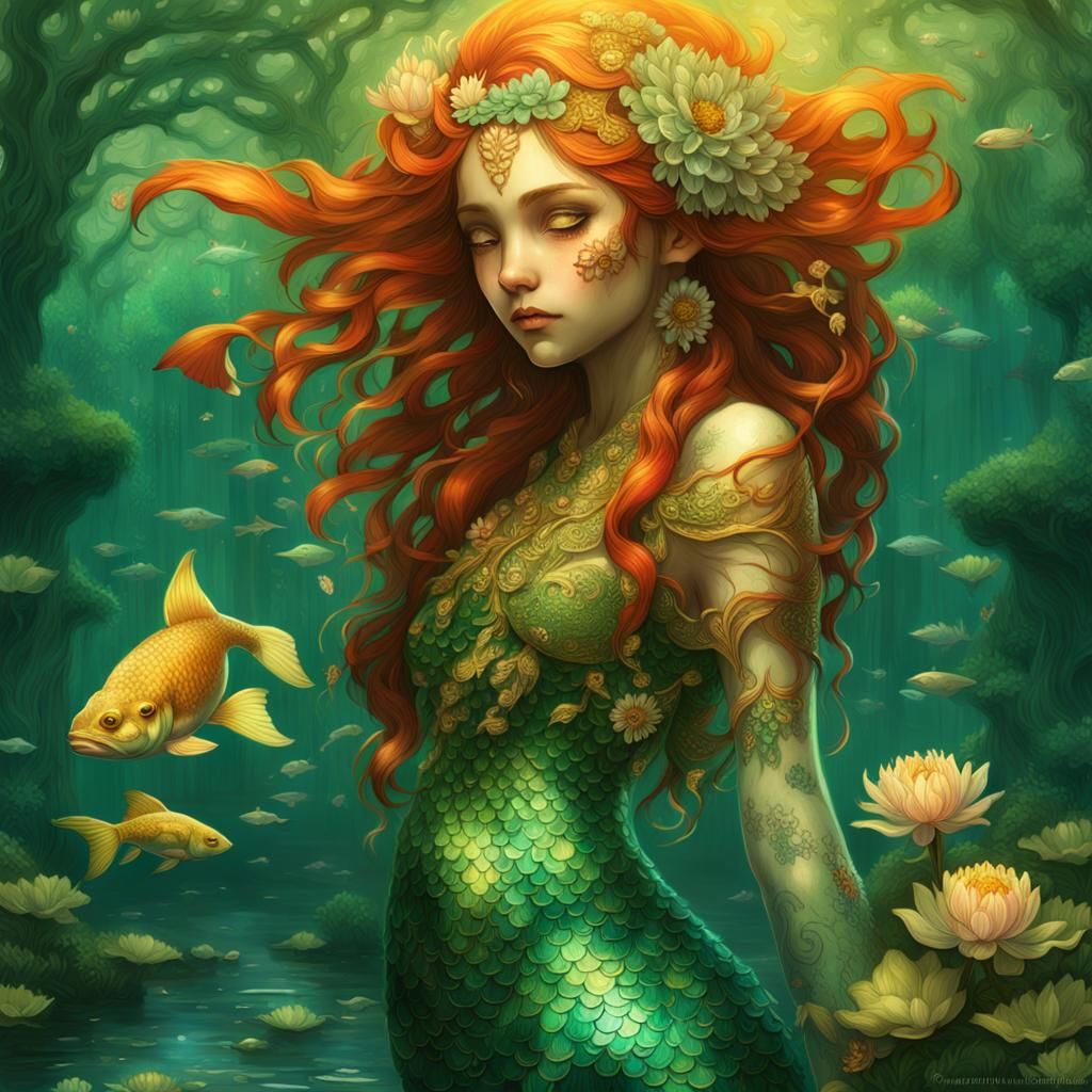 Ornate Mermaid and Merman in Lotus Pond