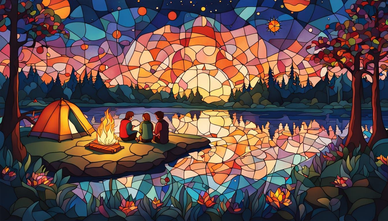 Camping by Lake in Art Nouveau Stained Glass
