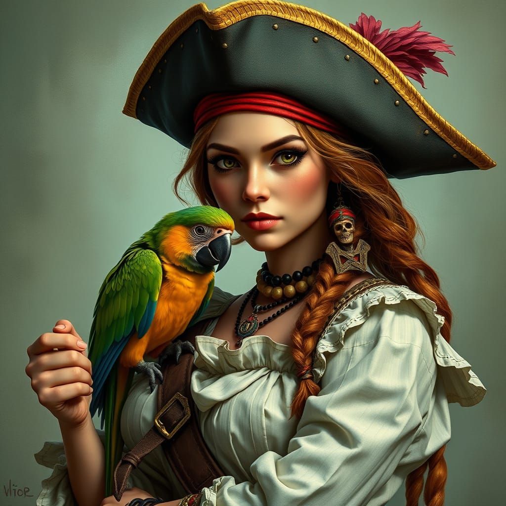 Girl Pirate with Parrots