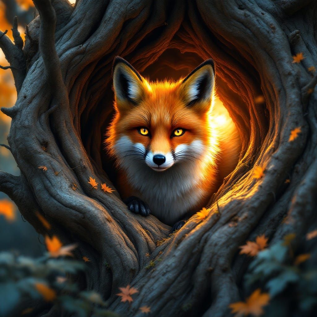 Mystical Fox Emerging from Ancient Tree