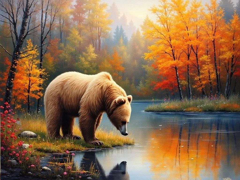 White Bear In Autumn Forest
