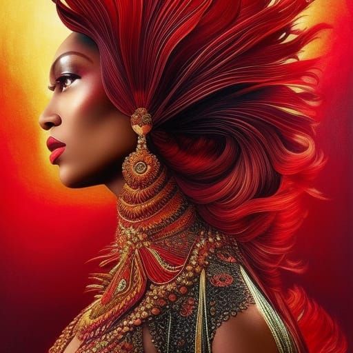 Elegant Portrait Against Red Backdrop in Android Jones Style