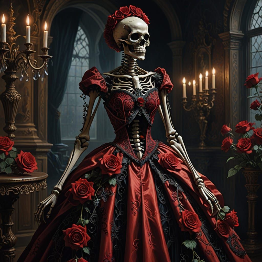 Skeleton in Red Victorian Gown with Roses