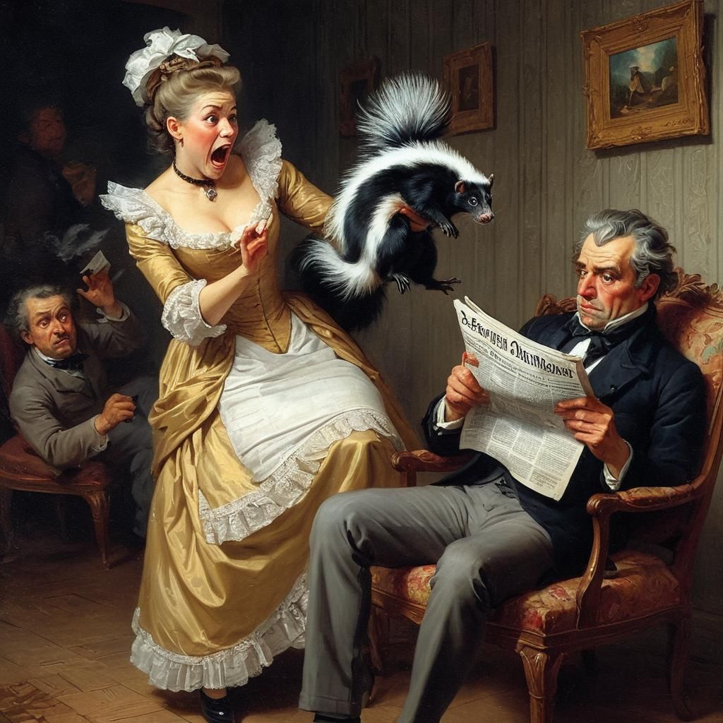 Funny Aristocrat Prank with Skunk, Oil Painting