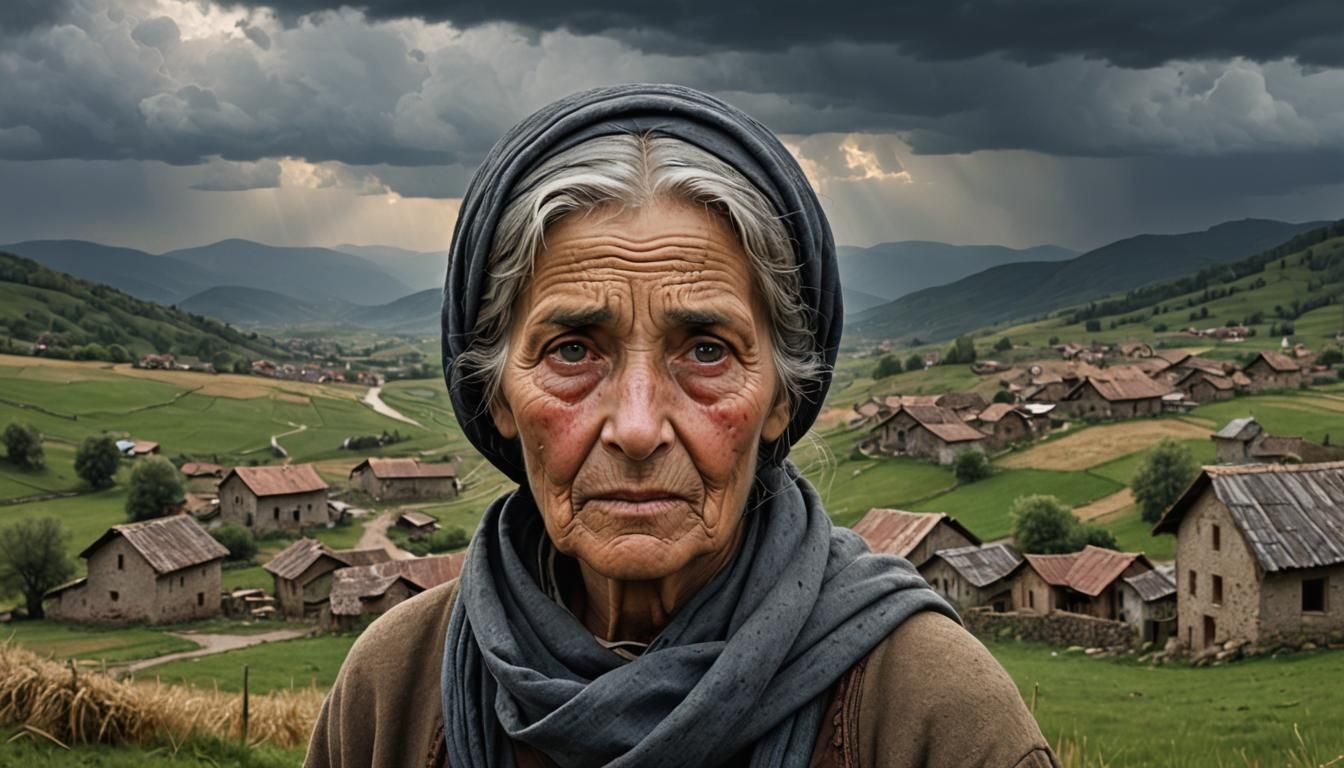 Somber Old Peasant Woman in Stormy Valley Portrait