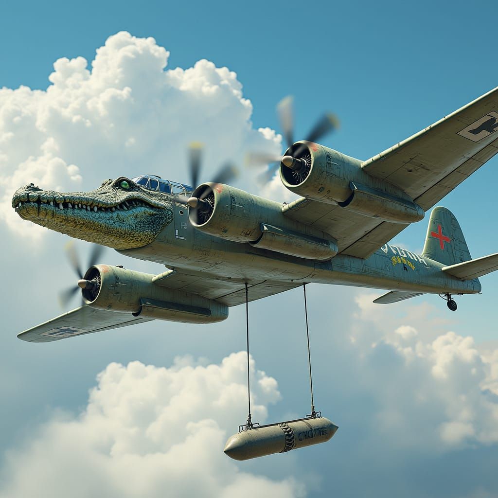WWII Bomber Plane with Crocodile Nose Art in Realistic Style