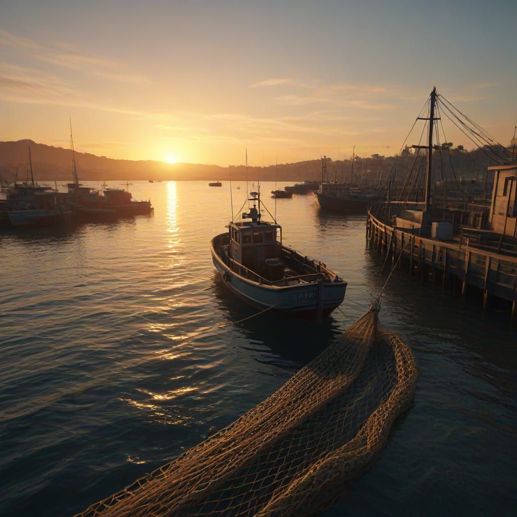 Coastal Sunrise Fishing Harbor in Hyper-Realistic Digital Ar...