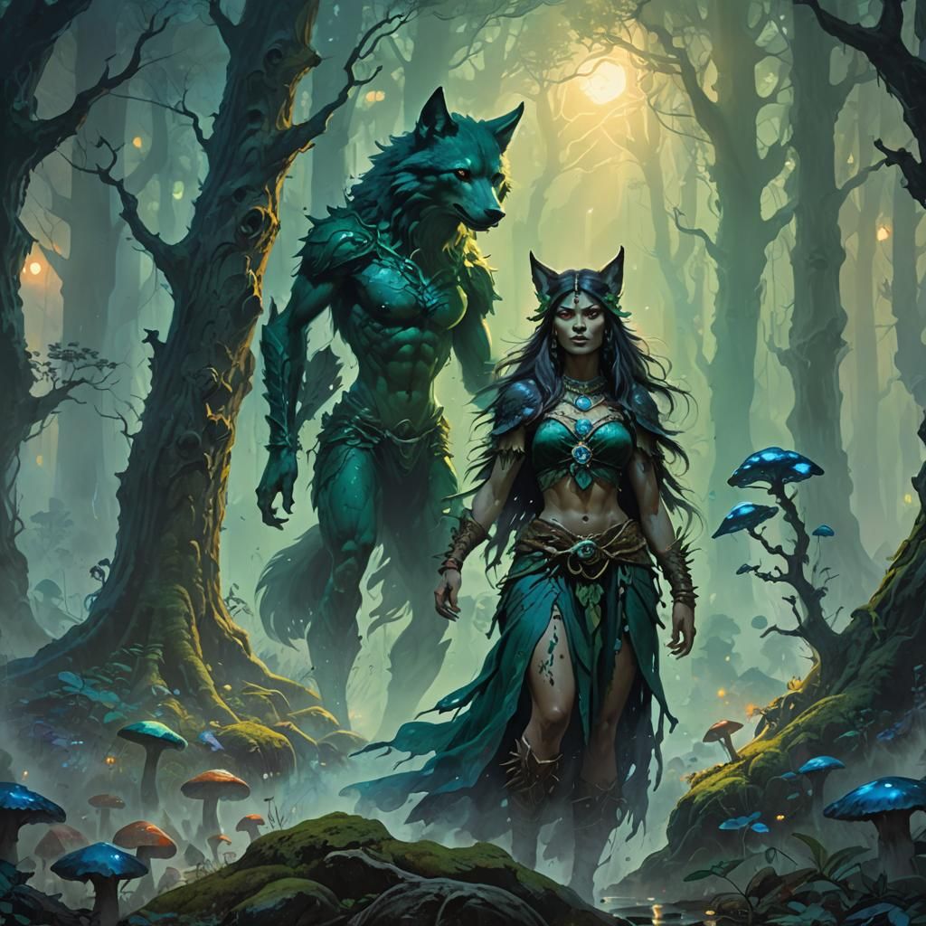 Wolf Woman in Misty Forest, Fantasy Art