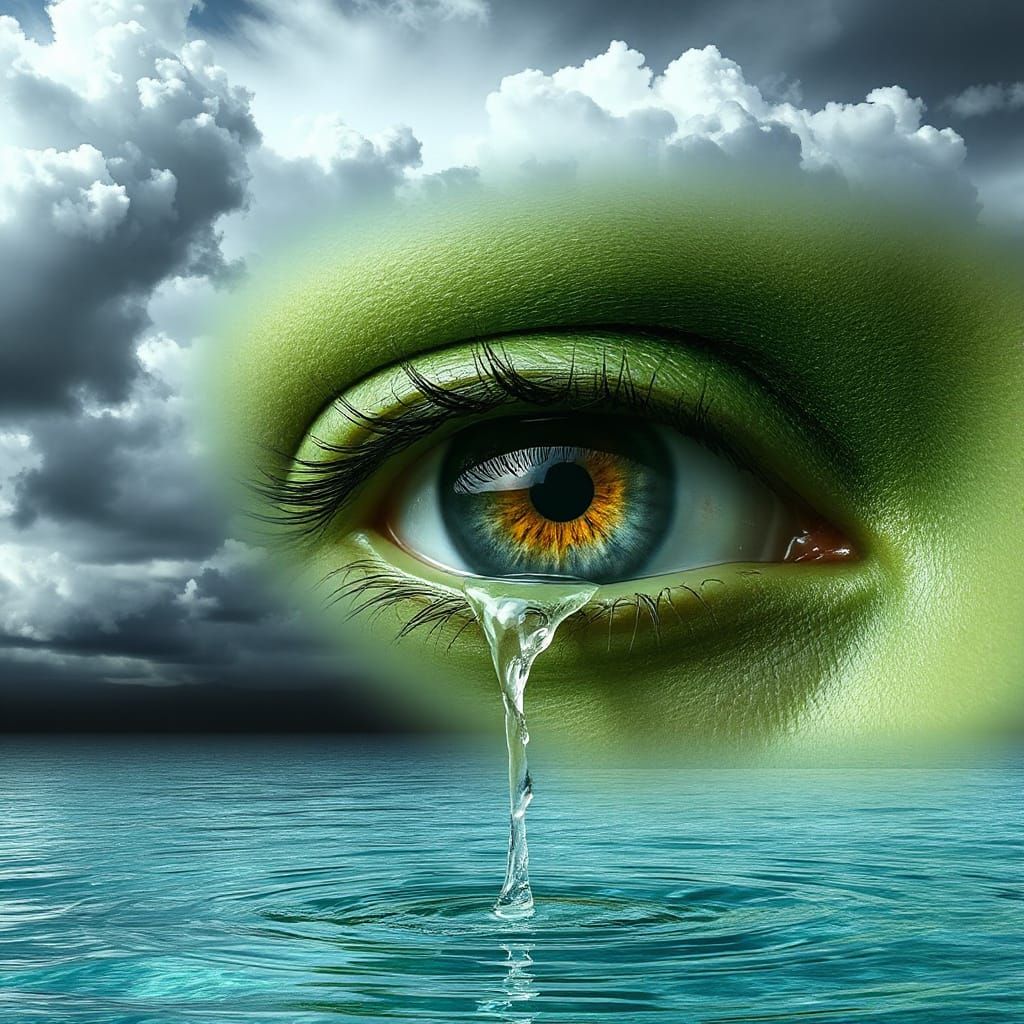 Giant Green Eye in Turbulent Stormy Sky
