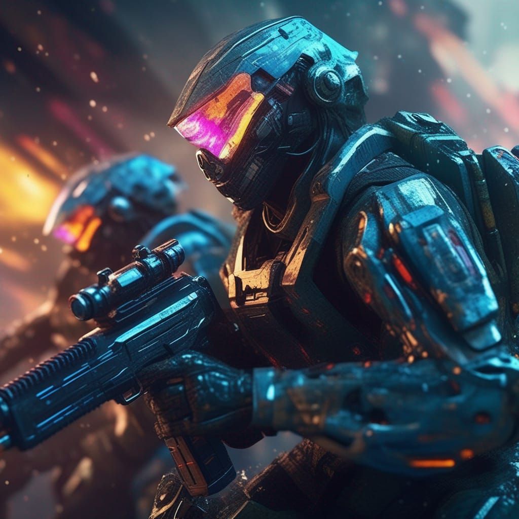 Futuristic Soldiers Battle Machines in Hyperrealistic Style