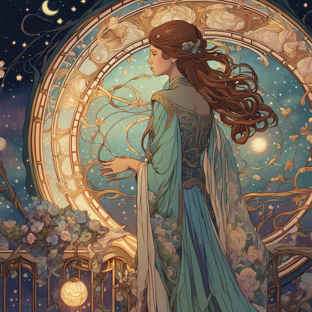 Celestial Seamstress Weaving Starlight Tapestries in Art Nou...