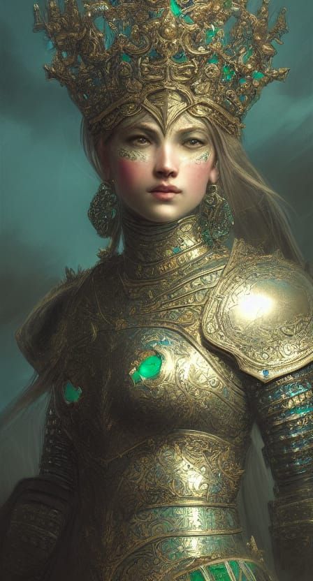 Female Knight in Emerald Armor, Digital Illustration