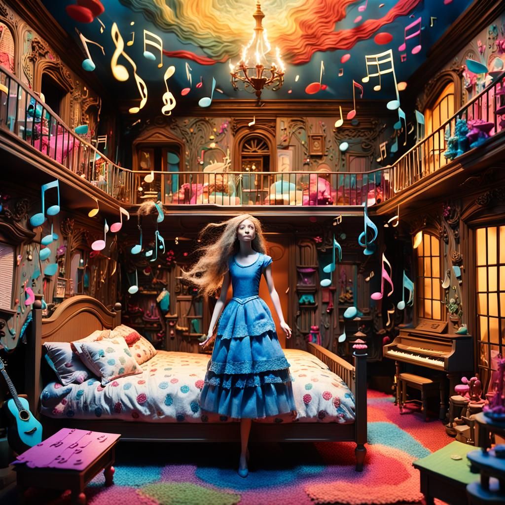 Surreal Music Woman in Dollhouse: Digital Bio Art