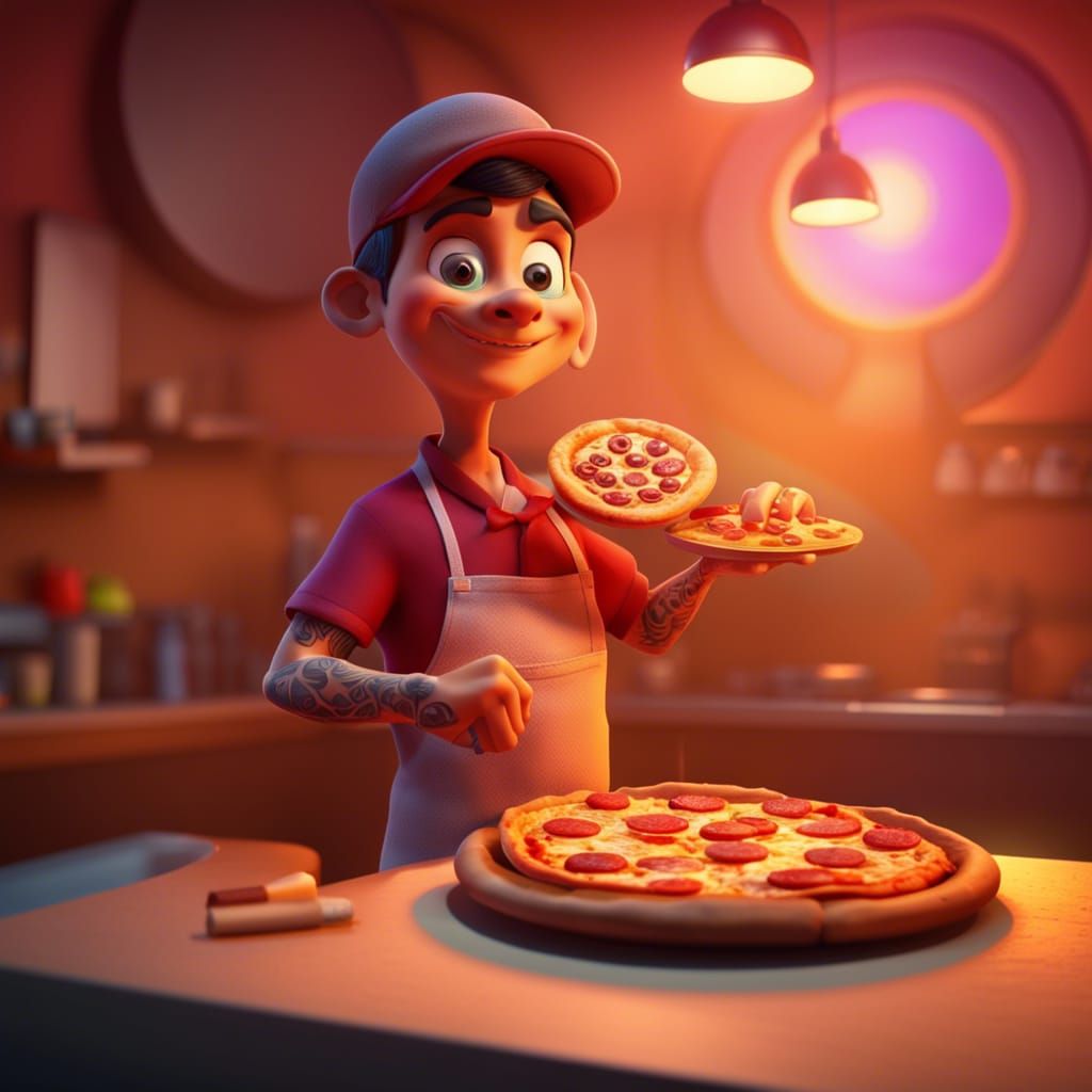 Proud Tattooed Pizza Chef: 3D Digital Art