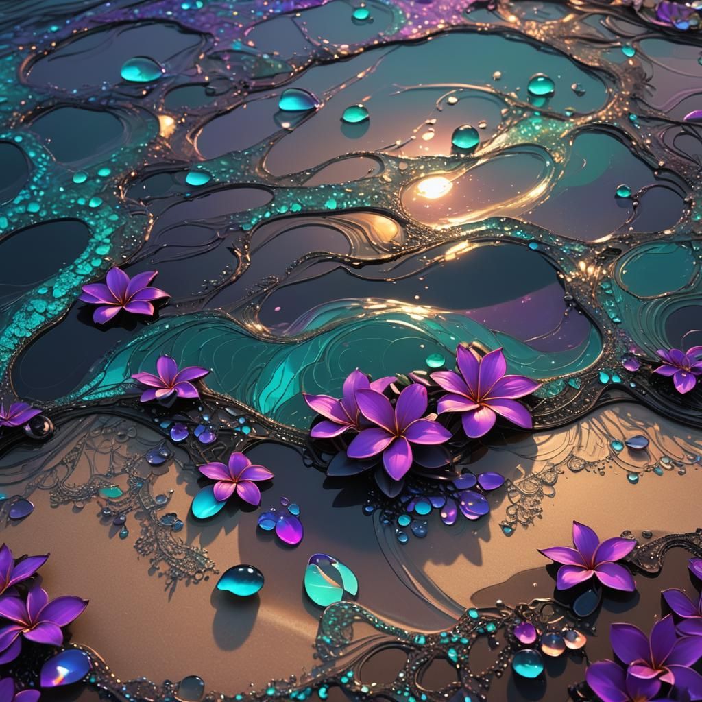 Holographic Fractal Beach Waves with Plumeria in Anime Style