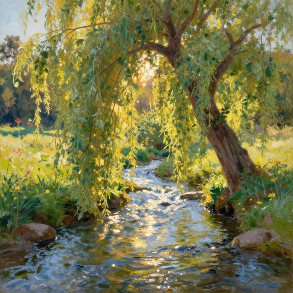 Impressionistic Creek in Sun-Dappled Meadow