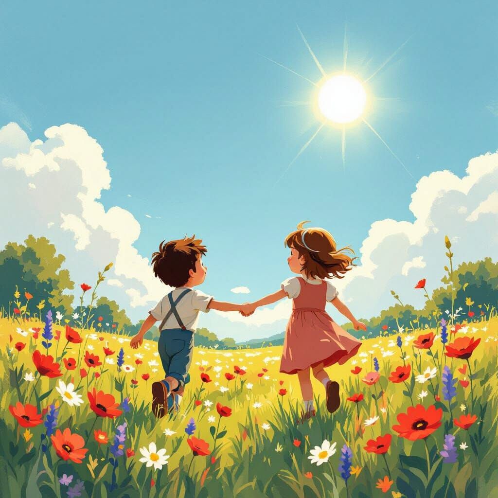 Joyful Children Skipping in Wildflower Field