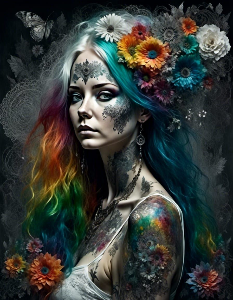 Detailed Portrait of Woman with Rainbow Hair