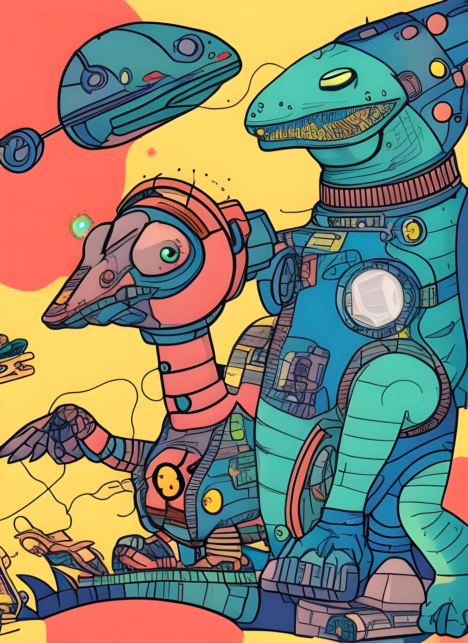 Cyberpunk Dinosaur on Steampunk Train
