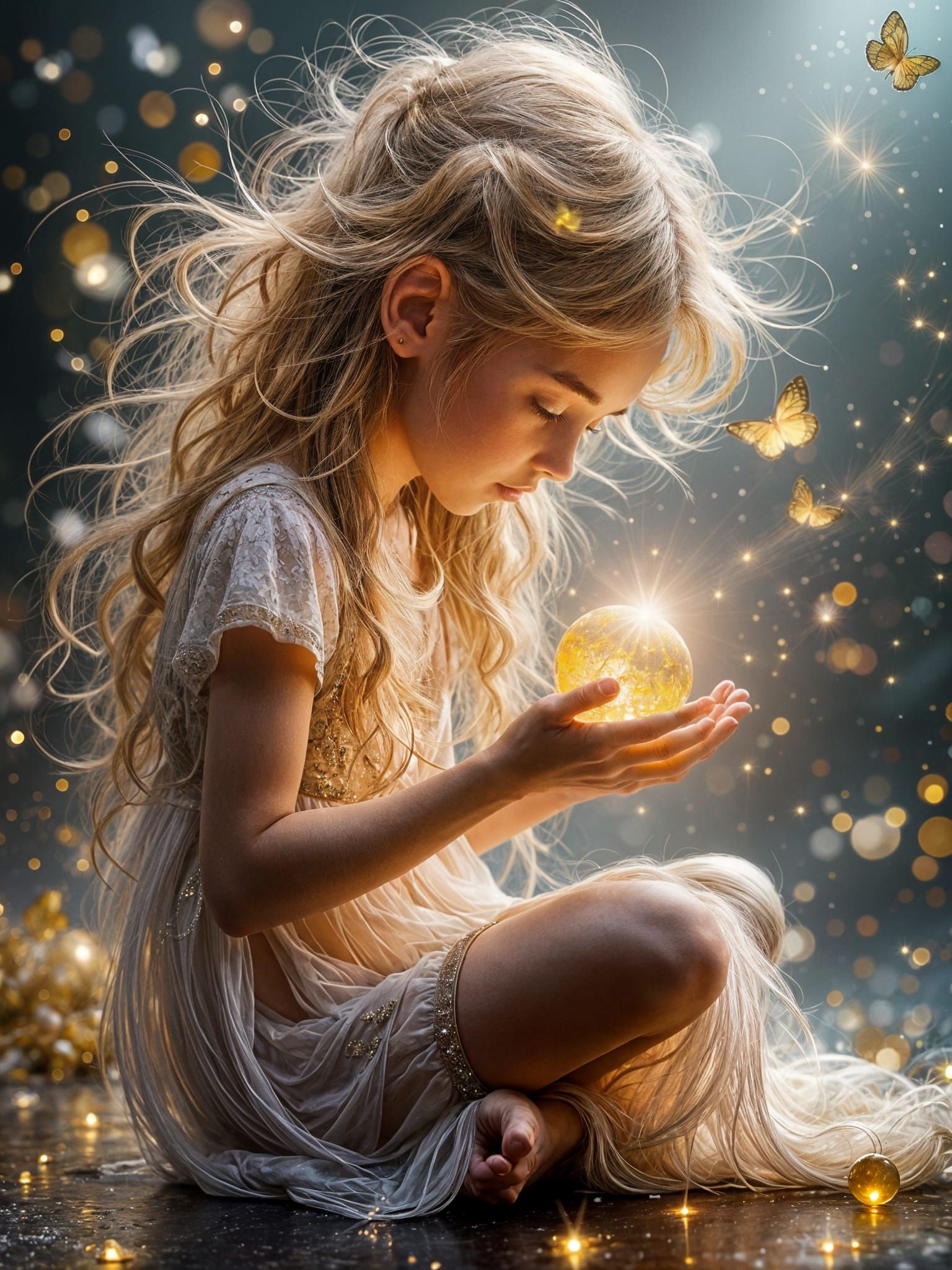 Girl in Whimsical Fantasy World with Glowing Sphere