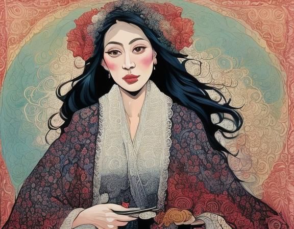 Elegant Woman in Floral Dress: Folk Art Style