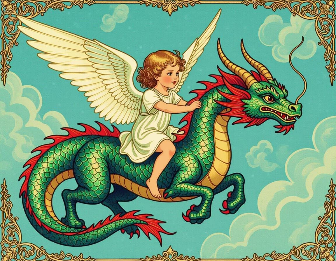 Child Angel Rides Two-Headed Dragon on Ethereal Flag