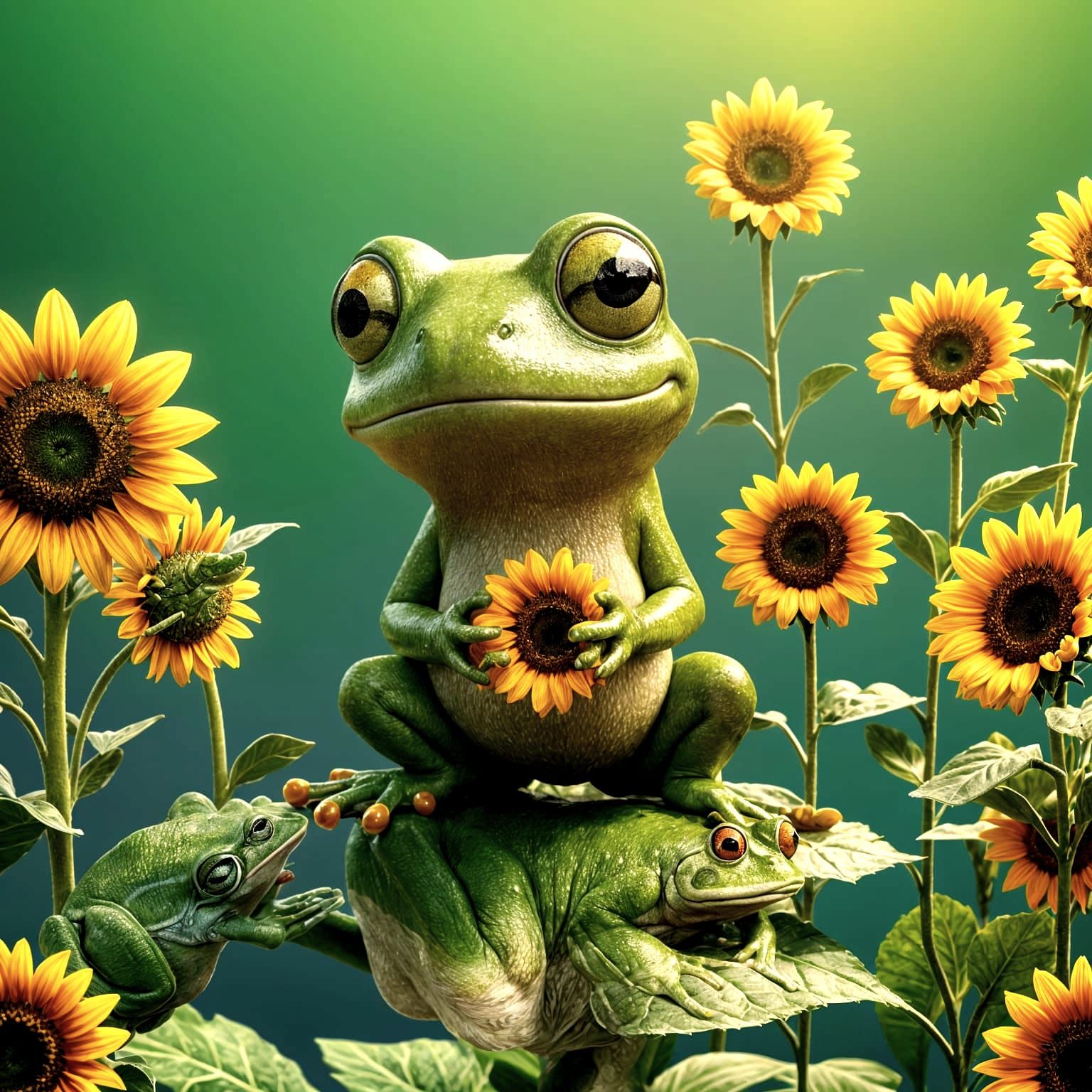 Cute Green Frog Holds Sunflower: 3D Digital Art