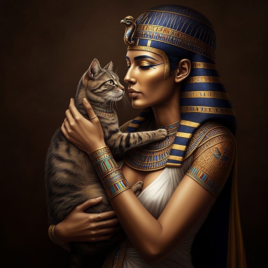 Egyptian Goddess of Felines in Adoring Embrace