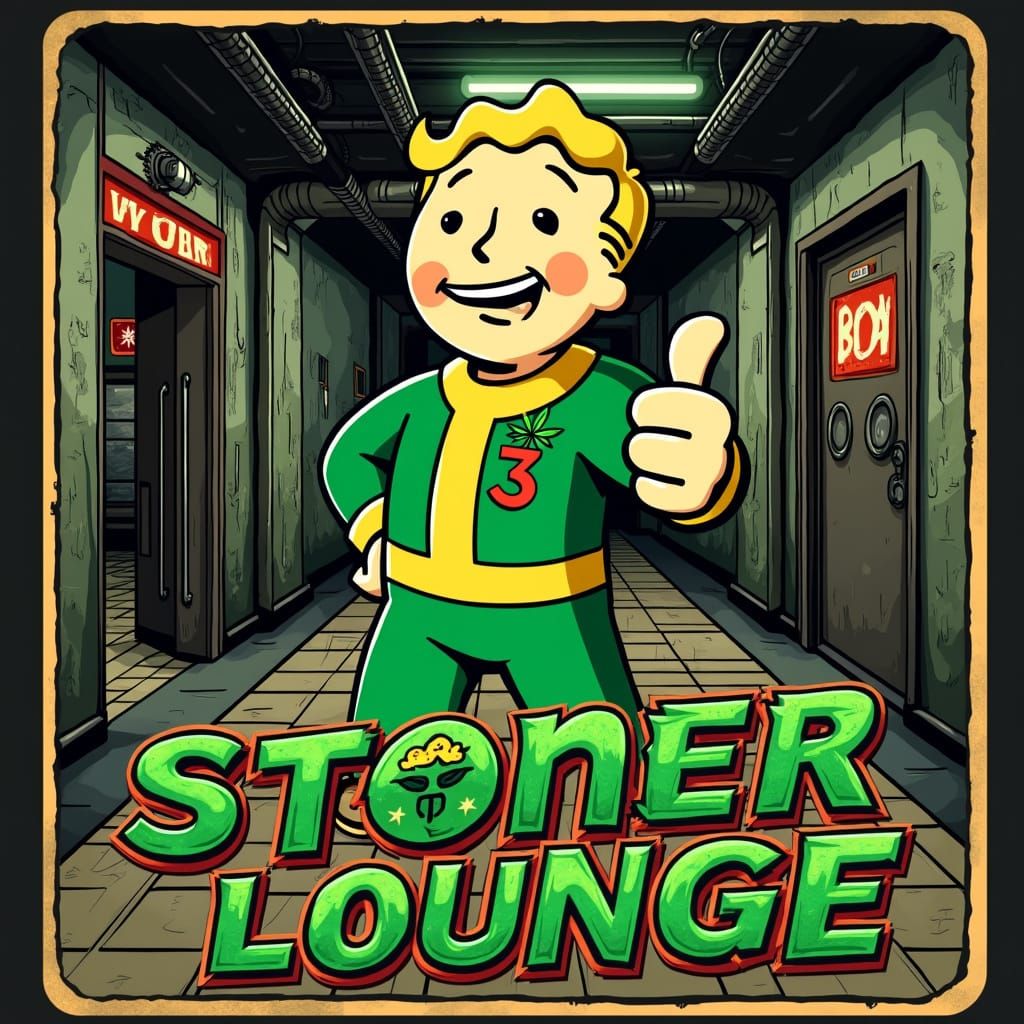 Vault Boy in Retro-Futuristic Stoner Lounge