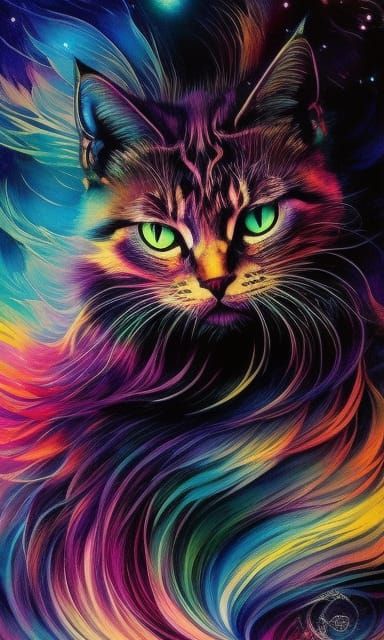 Celestial Cat Portrait in Inkpunk Cyberpunk Style