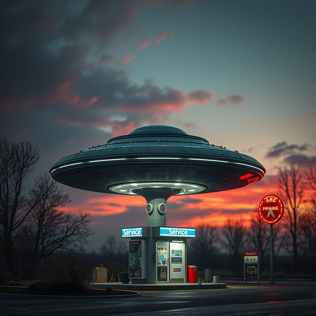 Hyperrealistic UFO Service Station in Cinematic Style