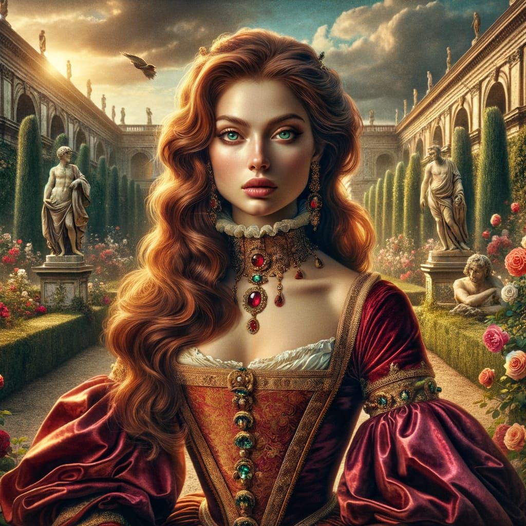 Renaissance Noblewoman in Italian Garden, Digital Matte Pain...