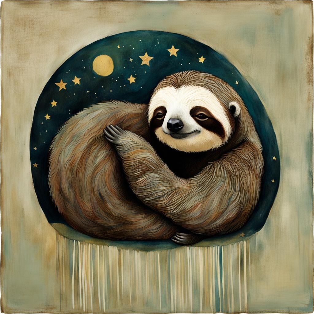 Sleepy Sloth in Mixed Media Style